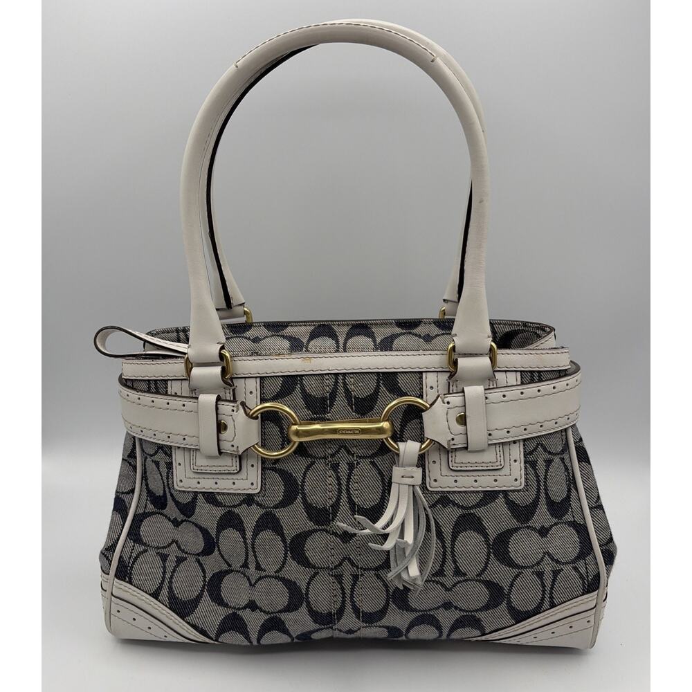 COACH Handbag Signature Denim Leather Tassel Gold Hardware Canvas Y2K White Blue